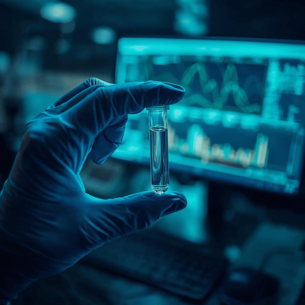 A researcher holding a test tube with forensic data displayed on a screen, showcasing advanced forensic analysis techniques.