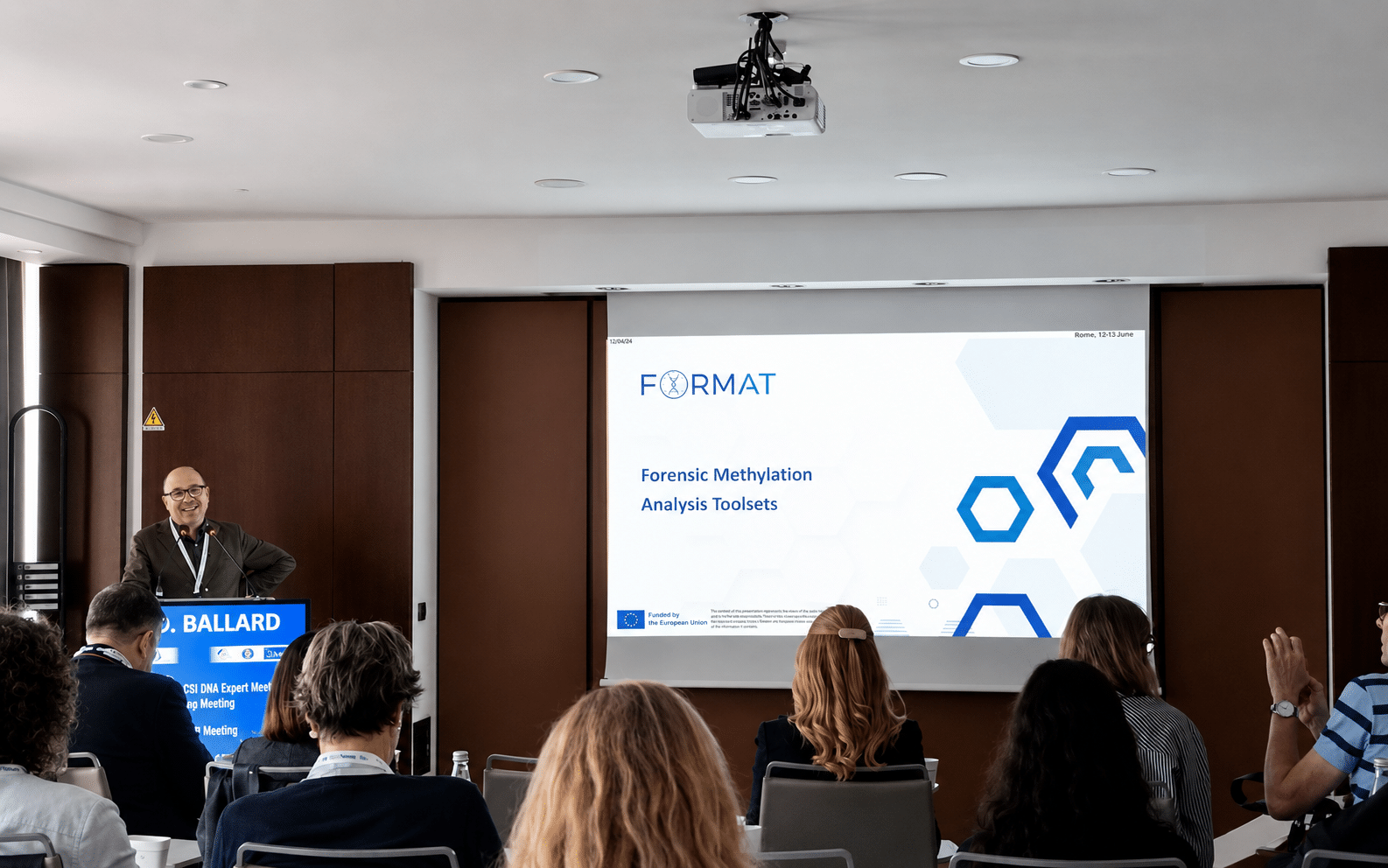 David Ballard presenting the ForMAT project at the EDNAP meeting in Palermo 2026, with ForMAT slide visible on screen.