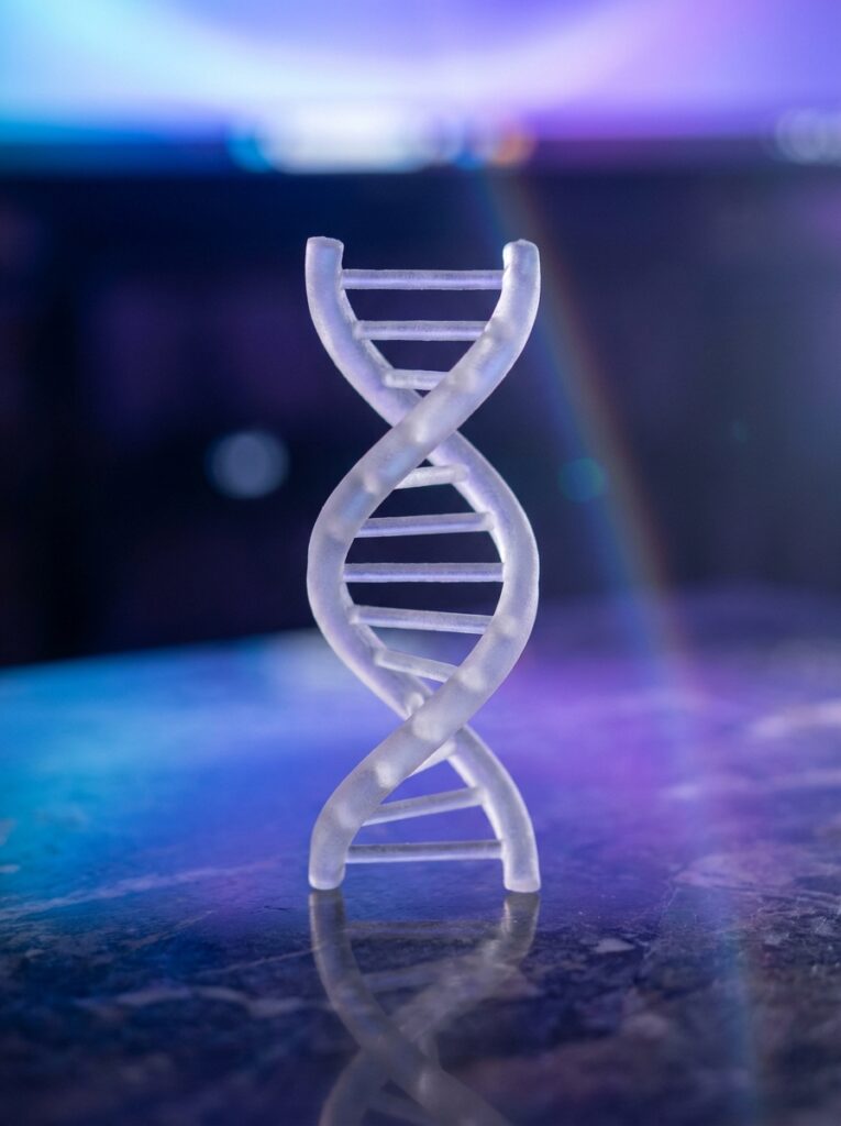 Translucent 3D-printed DNA double helix model on a dark reflective surface, lit with blue and purple light
