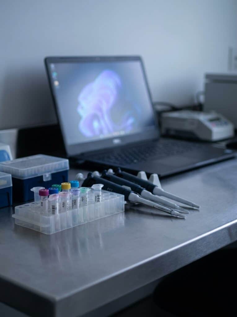 Forensic laboratory workspace with pipettes and labeled sample tubes in a rack, a laptop showing DNA-related visualization software, in a dimly lit lab setting