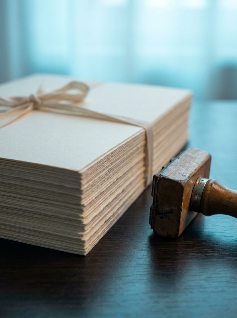 A stack of blank tied documents beside an antique wooden stamp, representing the forensic laboratory workflows and formal approval process a method must pass before authorised use