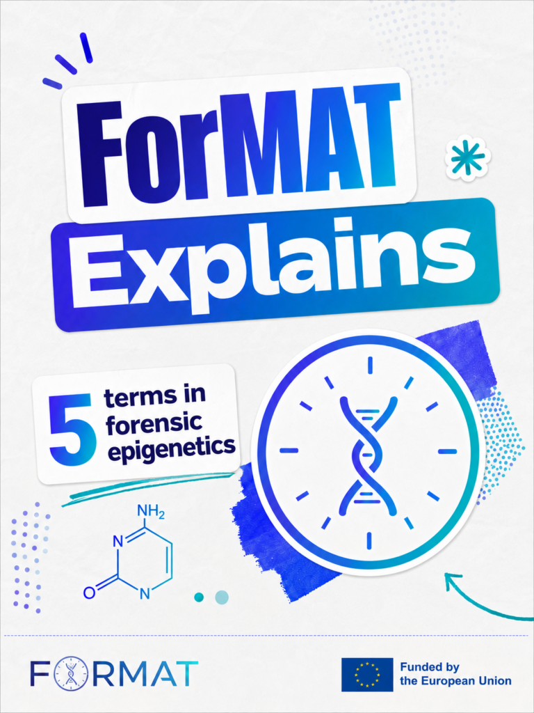 ForMAT Explains: 5 terms in forensic epigenetics — cover image with a clock-and-DNA helix icon on a blue gradient background.