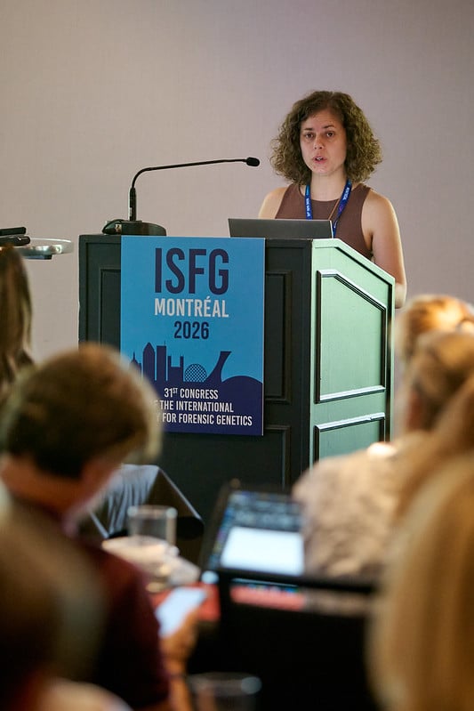 Ana Freire-Aradas presenting the ForMAT workshop on forensic age estimation using DNA methylation, ISFG 2026 Congress in Montréal