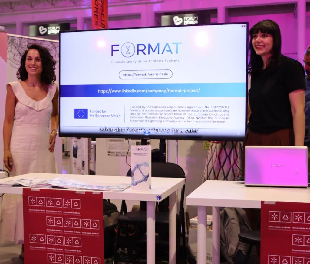 ForMAT logo, website and EU funding statement on screen at the ICS UMinho stand, European Researchers’ Night 2026, Braga