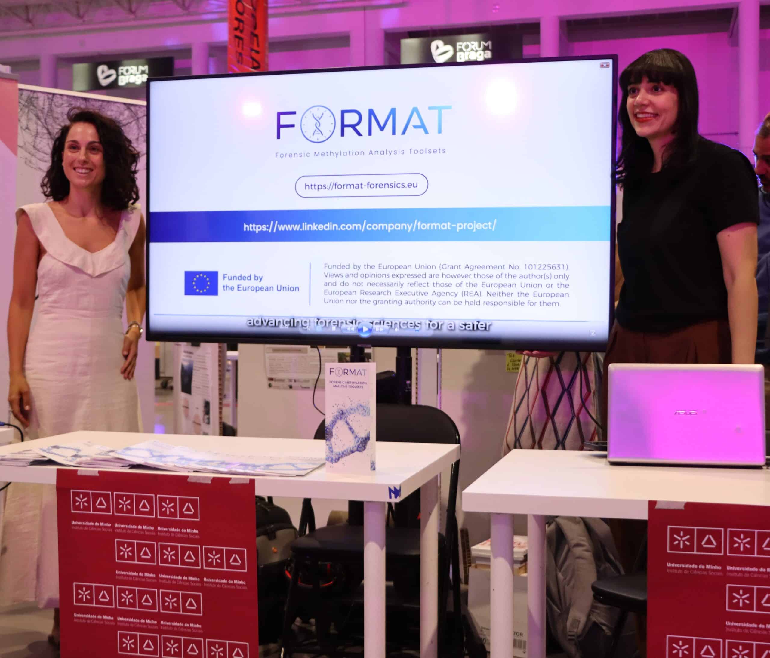 ForMAT logo, website and EU funding statement on screen at the ICS UMinho stand, European Researchers’ Night 2026, Braga